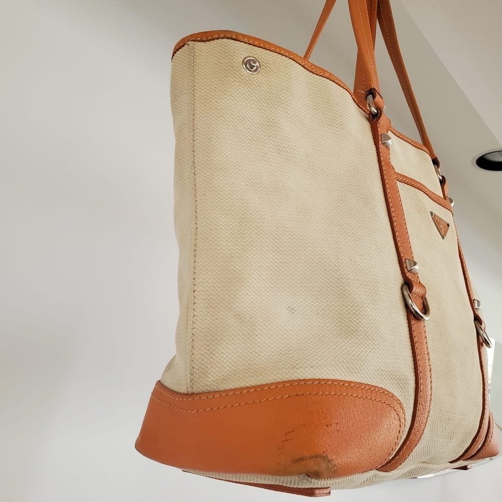 Prada Beige Canvas and Orange Leather TrimTote Bag - Picture 9 of 16